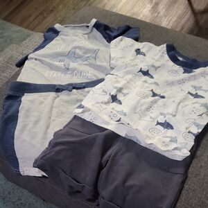 Chick Pea Shark Print Toddler Two-Piece Short Sets - Blue & White